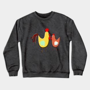 Funny Couple Rooster and Chicken Decorative Art Primitive Bird Character Crewneck Sweatshirt